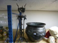 A BRONZED FINISH CHINESE JARDINIERE, cast in relief with dragon and bird, height approximately 32cm