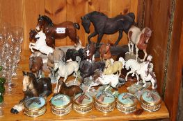 A GROUP OF HORSE RELATED CERAMICS AND RESIN FIGURES, including a set of six Danbury Mint trinket