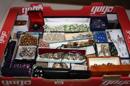 A BOX OF MIXED COSTUME JEWELLERY, etc