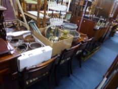 A MAH0GANY DINING SUITE, comprising extending table (one extra leaf), approximate extended size