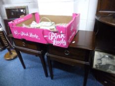 A PAIR OF 'STAG' BEDSIDE DRAWERS, three various pictures, standard lamp with shade and a small