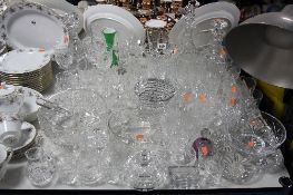 A QUANTITY OF GLASSWARES, including decanters, drinking glasses, rose bowl etc