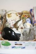 A BOX OF CERAMICS, GLASSWARES, etc, including Russian Penguins, cased vintage spectacles etc
