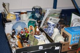 THREE BOXES OF CERAMICS AND GLASSWARES, including Border Fine Arts Cool Cats and Hot Dogs, Lurpack