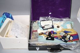 A CASE OF MASONIC ITEMS, including Regalia and 9ct and 18ct gold and enamel badges