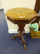 A VICTORIAN WALNUT INLAID TRUMPET SEWING BOX/TABLE, on tripod support (sd), approximate height
