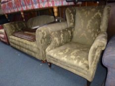 A RE-UPHOLSTERED TWO SEATER SETTEE, and a matching wing back armchair (2)