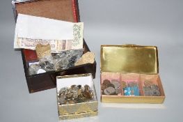 TWO BOXES AND TIN OF VARIOUS MIXED COINS AND BANKNOTES