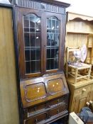 AN OAK LEAD GLAZED BUREAU/BOOKCASE (sd) (key)