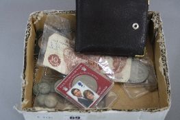 A BOX OF MIXED COINS, etc