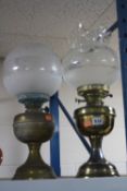 TWO BRASS BASED OIL LAMPS, both with glass shades, no chimneys (2)