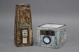 TWO PIECES OF TROIKA POTTERY, to include Coffin vase, geometric design on a brown/cream ground,