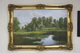 MALCOM GEARING, river landscape with thatched cottages and church beyond, oil on canvas, signed in