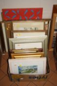WATERCOLOUR, PRINTS AND NEEDLEWORK PICTURES, a box and loose of 20th Century prints etc, including