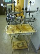 A PAINTED METAL GARDEN SIDETABLE, and a pair of metal candle stands (3)