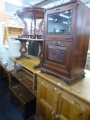 A MAHOGANY GLAZED MUSIC CABINET, (top cut down), an oak TV cabinet and two various coffee tables (