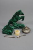 A CARVED MALACHITE HORSE AND COVERED BOX, with silver salt spoon, cigarette holder and inkwell and a