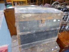 A PAINTED WOODEN, CANVAS AND METAL BOUND DOME TOP TRUNK, approximate size width 61cm x depth 41cm