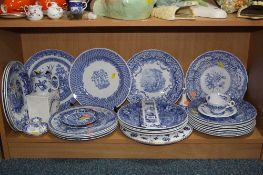 VARIOUS BLUE AND WHITE CERAMICS, mainly Spode Collectors plates, 'Botanical', 'Woodman', 'Rome' etc,