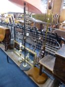 A 1970'S TEAK AND BRASS STANDARD LAMP, another standard lamp, gilt framed wall mirror, etc (4)