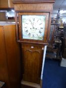 A 19TH CENTURY OAK AND MAHOGANY LONGCASE CLOCK, eight day movement, square re-painted face marked