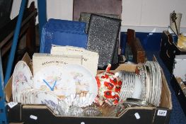 TWO BOXES OF CERAMICS, GLASSWARE, EMPTY JEWELLERY AND CUTLERY BOXES, etc (two boxes)