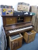 A MAHOGANY UPRIGHT PIANO, with fitted pianola, John Broadway & Sons, London and seven boxes of