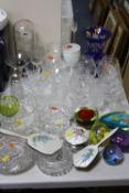 VARIOUS GLASSWARES AND PART ENAMEL/SILVER DRESSING TABLE SET, (3) etc, to include Caithness