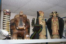 VARIOUS LARGE WOODEN/METAL FIGURES/ANIMALS, and a large urn (8)