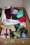 A QUANTITY OF JEWELLERY BOXES AND COSTUME JEWELLERY, silver spoon, etc