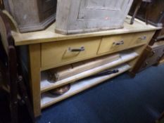 A LARGE KITCHEN WORKBENCH, with three small drawers and shelving below, approximate size width 176cm