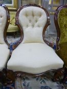 A VICTORIAN BUTTON BACK BEDROOM CHAIR, with cream upholstery