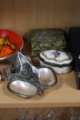 A NOVELTY BRASS AND MOTHER OF PEARL INKSTAND, a porcelain trinket box and brass cigarette box (3)