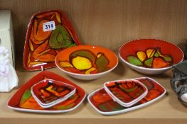 POOLE POTTERY, nine trinkets and bowls, Delphis pattern, shape Nos.81, 56, 41 and 361
