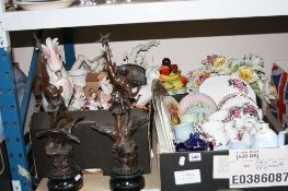 A PAIR OF SPELTER FIGURES, two boxes of teawares, figurines including Royal Dux Cockatoo (s.d.),