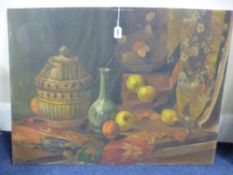 AN EARLY 20TH CENTURY POST IMPRESSIONISM STILL LIFE, on board, signed indistinctly lower right