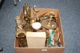 A SMALL BOX OF BRASSWARES, two Diecast vehicles etc