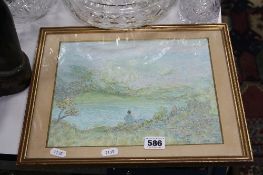 P. SOLDEN, landscape study, seated figure in countryside looking to mountainous distance over