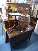 AN OAK CHEST, of three drawers, walnut hall table, stoneware barrel, etc (4)