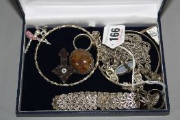 A BOX OF MIXED SILVER JEWELLERY, etc