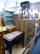 A SMALL OAK DROP LEAF OCCASIONAL TABLE, and a piano stool (2)