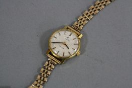 A MID 20TH CENTURY LADIES GOLD PLATED OMEGA WRIST WATCH, mechanical hand wound movement, dial signed