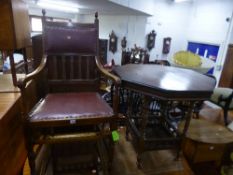 AN OAK FRAMED ARMCHAIR, and an Edwardian octagonal table (2)