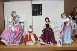 FOUR ROYAL DOULTON FIGURES, to include three boxed pretty ladies 'Amy', HN4782, 'Happy Memories',