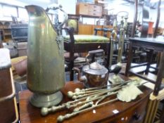 A COPPER KETTLE, brass fire irons, etc
