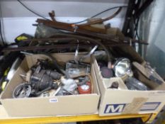 A PAIR OF ROLLS ROYCE HEARSE ETCHED GLASS SIDE PANELS, with wooden frames, a serpentine car horn,