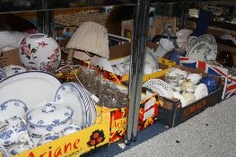 SEVEN BOXES OF BLUE AND WHITE DINNERWARES, TEAWARES, GLASSWARE, LAMPS, etc (seven boxes and loose)