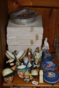 A QUANTITY OF CERAMICS, including collectors plates, character jugs, Wedgwood Jasperware etc