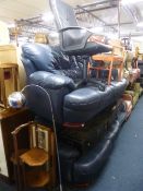 A MODERN ARMCHAIR, an office swivel chair, chrome uplighter, three pictures and a table lamp with