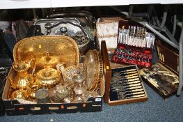 TWO BOXES AND LOOSE METALWARES, CUTLERY SETS, etc